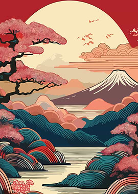 Japanese Landscape with Mount Fuji