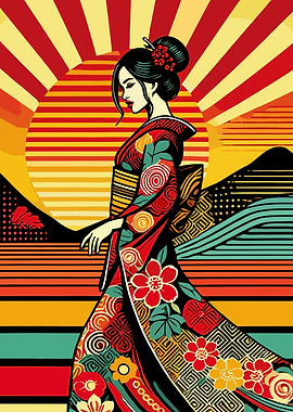 Geisha in Kimono with Rising Sun
