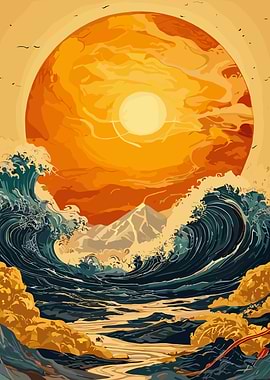 Great Wave with Sun and Mountain