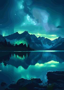 Aurora Borealis over Mountain Lake