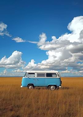 Blue VW Bus in Field
