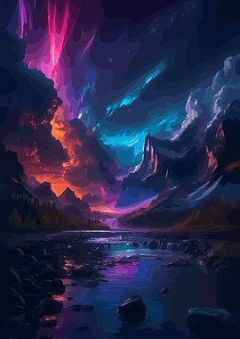 Colorful Mountain Landscape with River