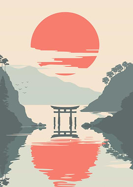 Japanese Torii Gate Sunset Reflection
