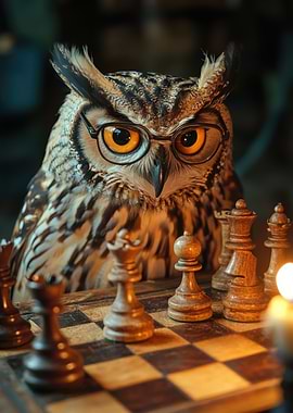 Owl playing chess with glasses