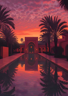 Moroccan courtyard at sunset with pool