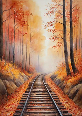 Autumn Railroad Watercolor Painting