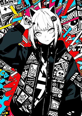 Anime Girl with Cat Ears and Graffiti