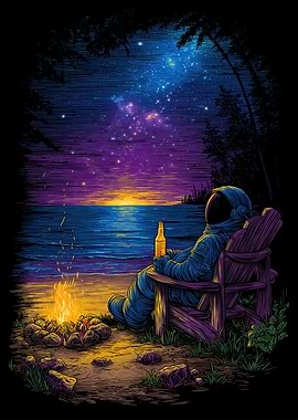 Astronaut Relaxing by Campfire on Beach
