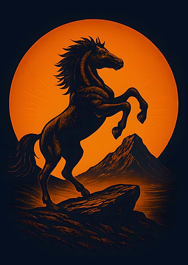 Rearing Horse Silhouette Against Orange Sun