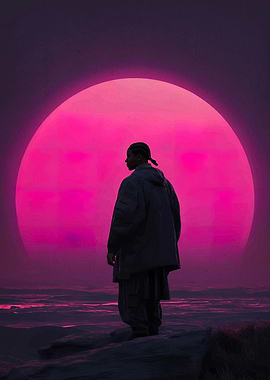 Man silhouetted against a pink sun