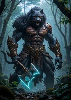 Anthropomorphic Panther Warrior in Forest