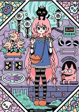 Cute Creepy Girl with Black Cat