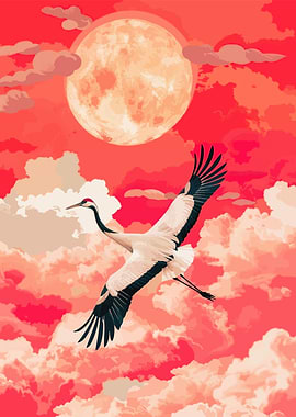 Crane in Flight under Full Moon