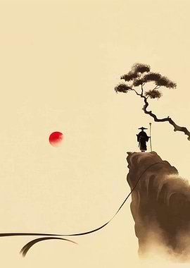 Asian Monk on Cliff with Red Sun
