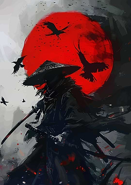 Japanese Samurai Red Moon and Ravens