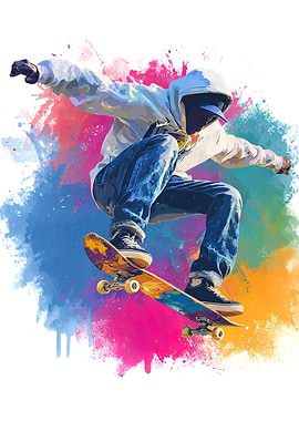 Skateboarder in Action with Colorful Splashes