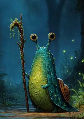 Anthropomorphic Snail with Staff in Forest