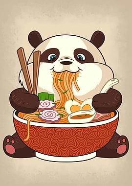 Panda eating ramen cartoon illustration