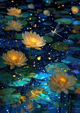 Glowing Water Lilies and Dragonfly