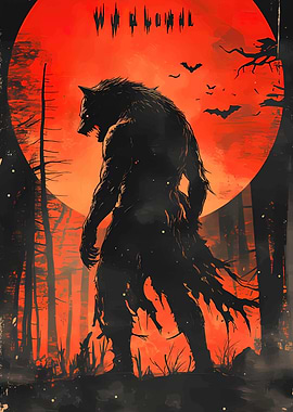 Werewolf Howl Silhouette Against Red Moon