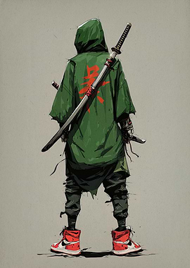 Hooded Ninja with Katana and Sneakers