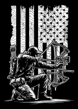 Bow Hunting - Compound Bow Hunter Archery with American Flag Background