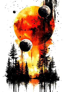 Planets over Forest Watercolor
