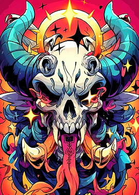 Stylized Skull with Horns and Stars