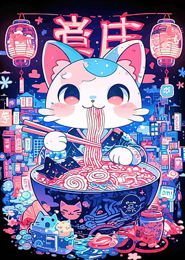 Kawaii Cat Eating Ramen in Cityscape