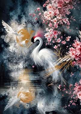 Crane and Cherry Blossoms Art