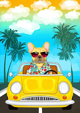 Dog driving yellow car on vacation