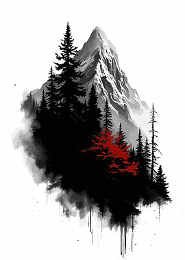 Mountain and Forest Ink Illustration
