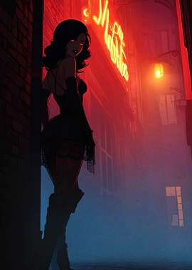 Woman in Alley with Neon Sign