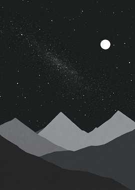 Monochromatic Mountain Range Under Starry Sky