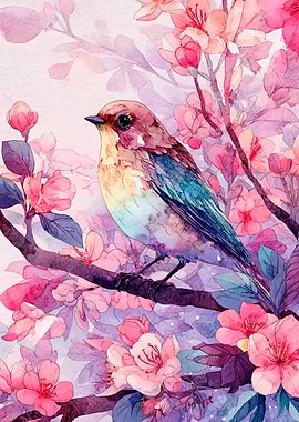 Watercolor Bird on Cherry Blossom Branch