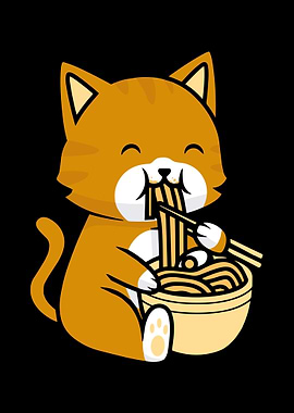 Cartoon Cat Eating Ramen Noodles