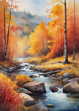 Autumn River Watercolor Landscape