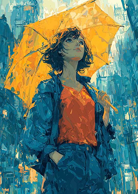 Girl with Yellow Umbrella in City