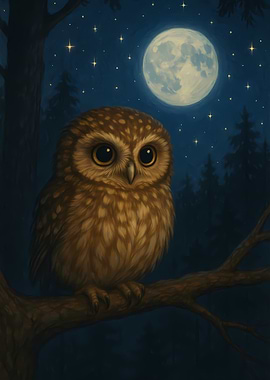 Cute Owl Under Moonlight