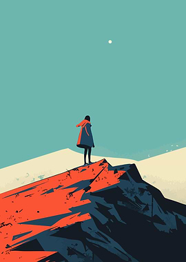 Woman on Mountain Peak Inspirational Minimalist Art Illustration