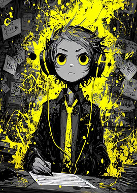 Anime Boy with Headphones and Pen