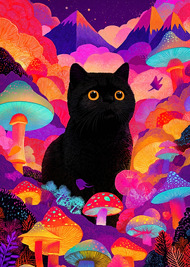 Black Cat in Psychedelic Mushroom Forest