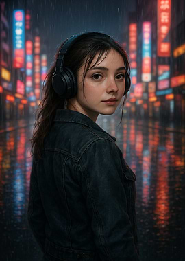 Girl Listening To Music In A Neon Night City