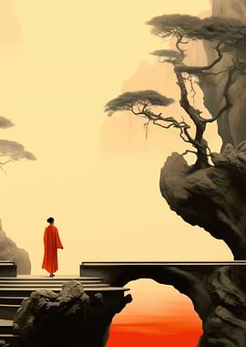 Monk in Red Robe Landscape