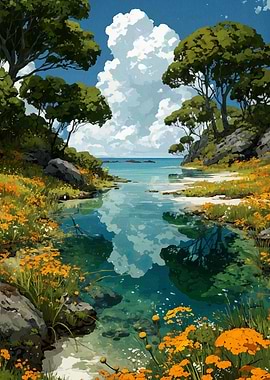 Serene Coastal Landscape with Floral Meadow