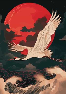 Crane Flying Over Waves, Red Moon