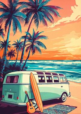 Beach Van with Surfboard and Guitar