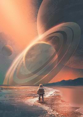 Astronaut on Alien Beach with Planets