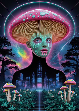 Mushroom Person in Cyberpunk Landscape