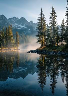 Sunrise Misty Forest Lake
